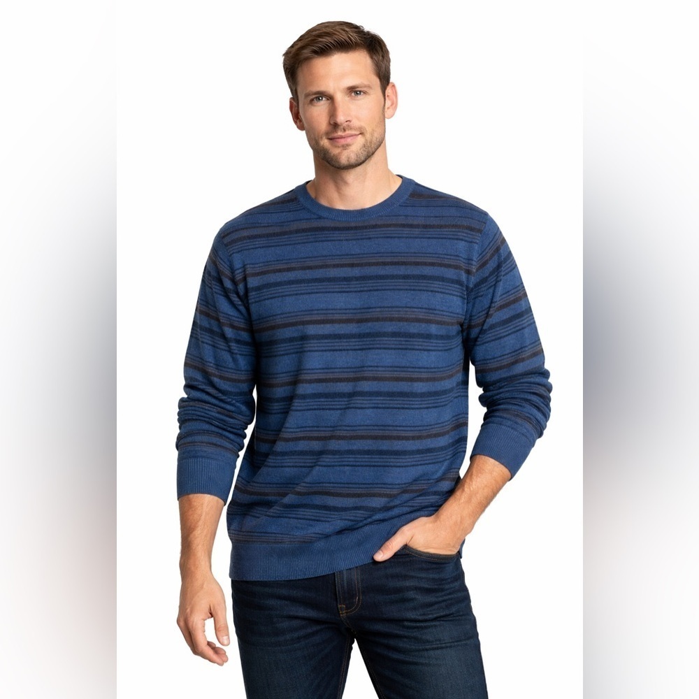 Turnbury Men’s Merino Wool Blend Striped Crewneck Sweater Blue XL ( 44 ) Chest